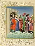 Le cortège de la jeune mère. Costumes des Parisiens de la fin du quatorzième siècle. Fac-similé dune miniature du Térence latin du roi Charles VI. Manuscrit de la Bibliothèque de l'Arsenal.