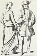 Costumes d'une femme d'artisan et d'un riche bourgeois de la fin du quinzième siècle. D'après les vitraux de la cathédrale de Moulins (en Bourbonnais).