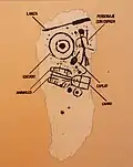 Relevé de la stèle : lance, bouclier, personnage avec une épée, miroir, animaux et charriot.
