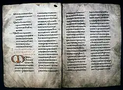 Double page d'un manuscrit rédigé à l'encre noire avec deux colonnes de texte par page