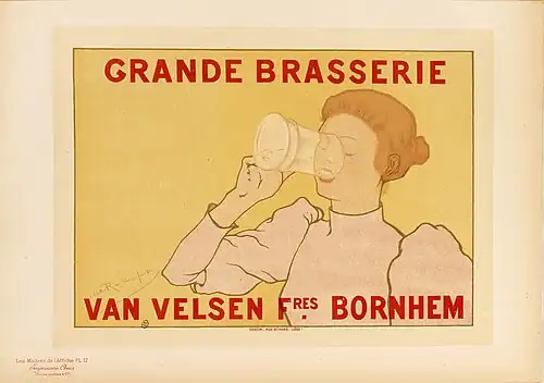 Affiche couleur d'une femme buvant un verre de bière.