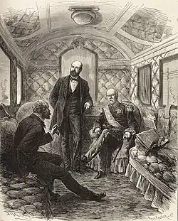 Gravure montrant trois hommes en discussion dans un wagon luxueux.
