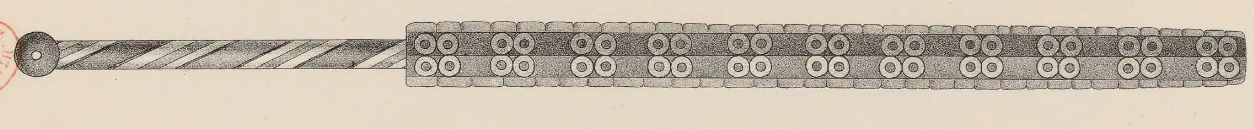 Macuahuitl du catalogue de l'Armurerie royale espagnole (es), seul document sur la dernière arme aztèque connue (1850), illustration publiée dans : Achille Jubinal, La Armeria real, ou collection des principales pièces de la Galerie d'armes anciennes de Madrid, 1850, vol 2, p. 9.