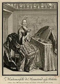 Anonyme (XVIIe&nbsp;siècle), Mlle de Mennetoud, marquise de La Carte, à sa toilette, estampe, château de Versailles.