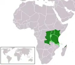Aire linguistique kiswahilie au XXIe&nbsp;siècle.