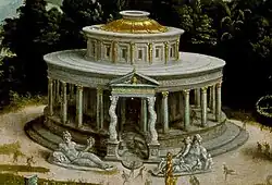 Reconstitution par M. van Heemskerck du temple d'Isis précédé des statues du Tibre et du Nil.
