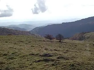 La vallée du Mardonenque depuis le signal de Mailhebiau (1 469 m), point culminant de l'Aubrac et du département, dans le nord.