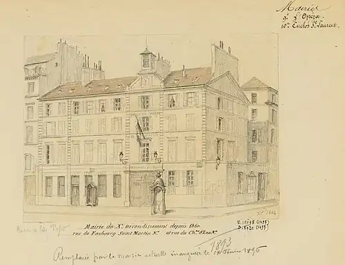 L'ancienne mairie à l'emplacement de l'actuelle (dessin de Léon Leymonnerye de 1864).