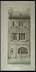 La maison natale de Georges Cuvier à Montbéliard (ou en allemand Mömpelgard), rue sur l’Eau, aujourd’hui Cuvier. Émile Blazer d’après un dessin de G. Walter de 1830.