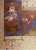 Cette illustration de la Trinité est exceptionnelle, Jésus étant figuré sous la forme de l'Enfant Jésus ce qui renvoie ainsi à la spiritualité française. Il relie dans un geste de gaieté innocente son Père au Saint Esprit, et devient ainsi l'élément central