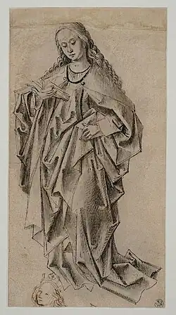 Maître des Études de draperies, Sainte lisant (dernier quart du XVe&nbsp;siècle), plume et encore sur papier.