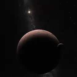 Représentation de Makémaké majoritairement dans l'ombre, le Soleil étant visible au loin et MK 2 sur la droite au premier plan.