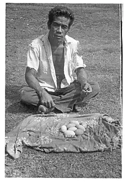 Photo en noir et blanc montrant un homme et les œufs du mégapode de Pritchard recueillis à Vai Lahi, sur l'île de Niuafoʻou en 1967.