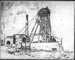 Fusain représentant le puits no&nbsp;1 des Malécots en 1868.