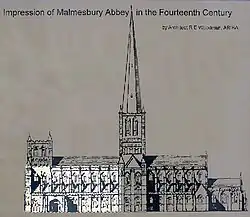 L’abbaye telle qu’au XIVe&nbsp;siècle. Seule la partie mise en évidence subsiste, après l’effondrement de la flèche et de la tour ouest