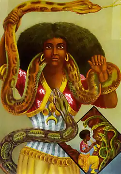 Cette chromolithographie de l'entreprise hambourgeoise Adolph Friedlander (années 1880) est devenue une image couramment utilisée en Afrique et dans la diaspora pour représenter Mami Wata(en) Henry Drewal, « Mami Wata Arts for Water Spirits in Africa and Its Diasporas », African Arts, été 2008, p. 70-71.,(en) Sabine Jell-Bahlsen, « EZE MMIRI DI EGWU, The Water Monarch is Awesome : Reconsidering the Mammy Water Myths », Annals of the New York Academy of Sciences, New York, no 810 « Queens, Queen Mothers, Priestesses and Power: Case Studies in African Gender », juin 1997, p. 103-134 (DOI 10.1111/j.1749-6632.1997.tb48126.x, résumé).,(en) Henning Christoph et Hans Oberländer, Voodoo : secret power in Africa, Cologne, Londres, Taschen, 1996, 240 p. (ISBN 3-8228-8649-1 et 978-3-8228-8649-6, OCLC 35209059), p. 255..