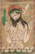 Gravure populaire colorée à la main. Christ, le corps couvert de gouttes de sang, devant les instruments du supplice et montrant ses plaies.