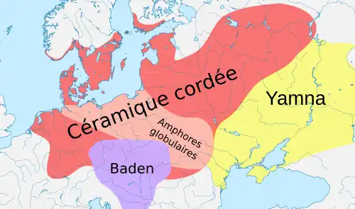 Extension approximative de la céramique cordée et des cultures adjacentes vers l’an -3000. (culture de Baden ; amphores globulaires ; Yamna