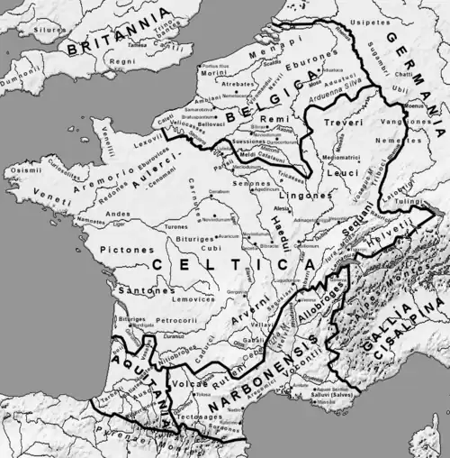 Carte présentant la localisation des Cénomans parmi les peuples gaulois au Ier siècle av. J.-C.