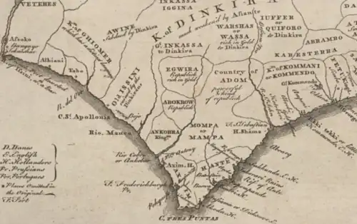 La carte, centrée sur l'intérieur des terres du cap des Trois-Pointes, présentent le détails de plus petites chefferies : Issini, Egwira, Abokrow, Ankobra, Akim, Ahanta, Mampa, Adom, Kommenda.