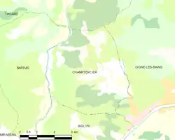 Carte élémentaire montrant les limites de la commune, les communes voisines, les zones de végétation et les routes
