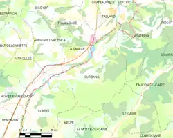 Carte élémentaire montrant les limites de la commune, les communes voisines, les zones de végétation et les routes