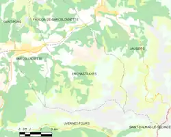 Carte élémentaire montrant les limites de la commune, les communes voisines, les zones de végétation et les routes