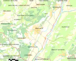 Carte élémentaire montrant les limites de la commune, les communes voisines, les zones de végétation et les routes