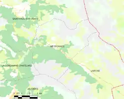 Carte élémentaire montrant les limites de la commune, les communes voisines, les zones de végétation et les routes