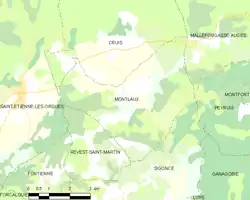Carte élémentaire montrant les limites de la commune, les communes voisines, les zones de végétation et les routes