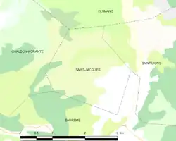 Carte élémentaire montrant les limites de la commune, les communes voisines, les zones de végétation et les routes