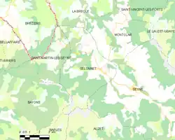  Carte élémentaire montrant les limites de la commune, les communes voisines, les zones de végétation et les routes