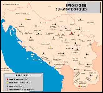 Diocèses (éparchies) de l'Église orthodoxe dans les pays de l'ex-Yougoslavie où les croyants sont traditionnellement présents(Note : l'ancienne éparchie de Šabac-Valjevo a été divisée en deux en 2006)