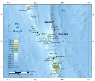 Carte des îles Nicobar avec l'île Batti Malv au Nord.