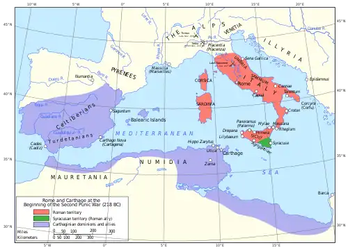 Carte de la Méditerranée occidentale montrant les territoires contrôlés par Rome et Carthage en 218 av. J.-C.