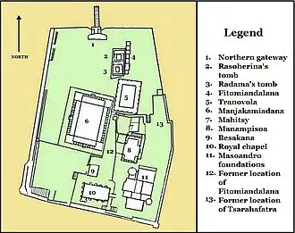 Map showing a dozen buildings of various sizes, overlaid on top of the earlier map