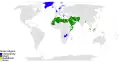 Pays ayant une religion d'État. Vert: islam. Bleu: christianisme. Jaune: bouddhisme.