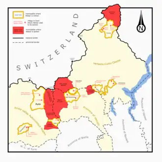 En rouge les communes où le valaisan est toujours parlé