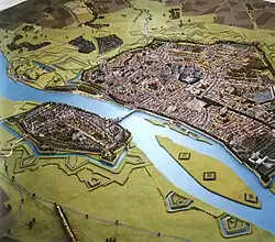 Plan maquette représentant Maastricht sur la Meuse au milieu du XVIIIe siècle.