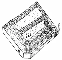 Dessin en noir et blanc représentant un pâté de bâtiments dont une église.