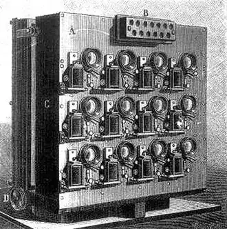 Appareil de chronophotographie à douze plaques de verre fixes et autant d'objectifs, conçu par Albert Londe, 1891.