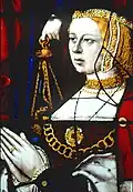 Marguerite en prière, détail du vitrail de l'Assomption de la Vierge. Église du monastère royal de Brou.