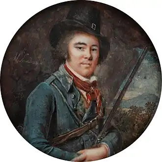 Homme en costume de chasse, vers 1790-1793, miniature, aquarelle et gouache sur ivoire, diamètre 7,4&nbsp;cm (Celle, Bomann-Museum&nbsp;(de), collection Tansey)
