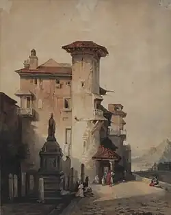 Place de village italien, 1850 (aquarelle ; 31&nbsp;×&nbsp;24,5&nbsp;cm), Liège, musée de la Vie wallonne.