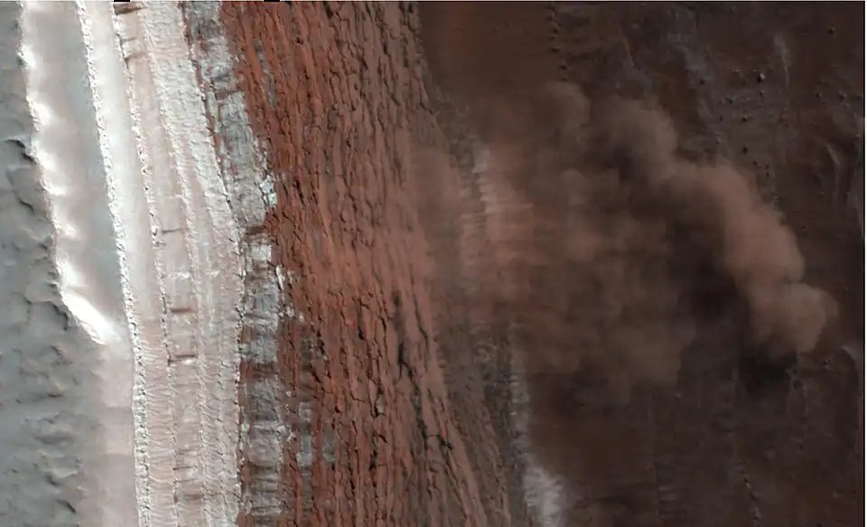 Avalanche déclenchée par le dégel dans la calotte polaire et photographiée en février 2008. Le nuage de débris fait environ 200&nbsp;mètres de long et la falaise a une hauteur de 700&nbsp;mètres et pente d'environ 60°. Sa partie supérieure est couverte de dioxyde de carbone gelé.