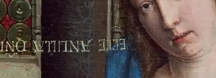 Détail de peinture. Un message retourné à 180 degrés part de la bouche de Marie et se dirige vers la gauche.