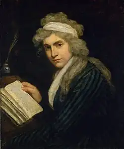 Portrait d'une femme apuyée sur un bureau avec un livre et un encrier. Elle porte une robe à rayures bleues et une perruque grise retenue par une bande de tissu blanc.