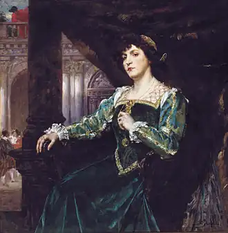 Portrait peint à l'huile d'une femme portant des vêtements luxueux.