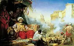 Peinture représentant plusieurs hommes et une forteresse.