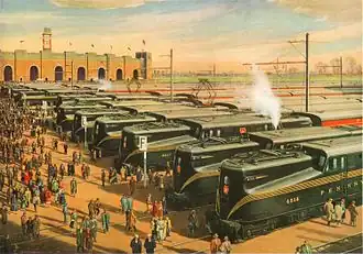 Affiche de la Pennsylvania Railroad montrant les trains alignés dans une gare temporaire à l'extérieur du Municipal Stadium après le match de 1955